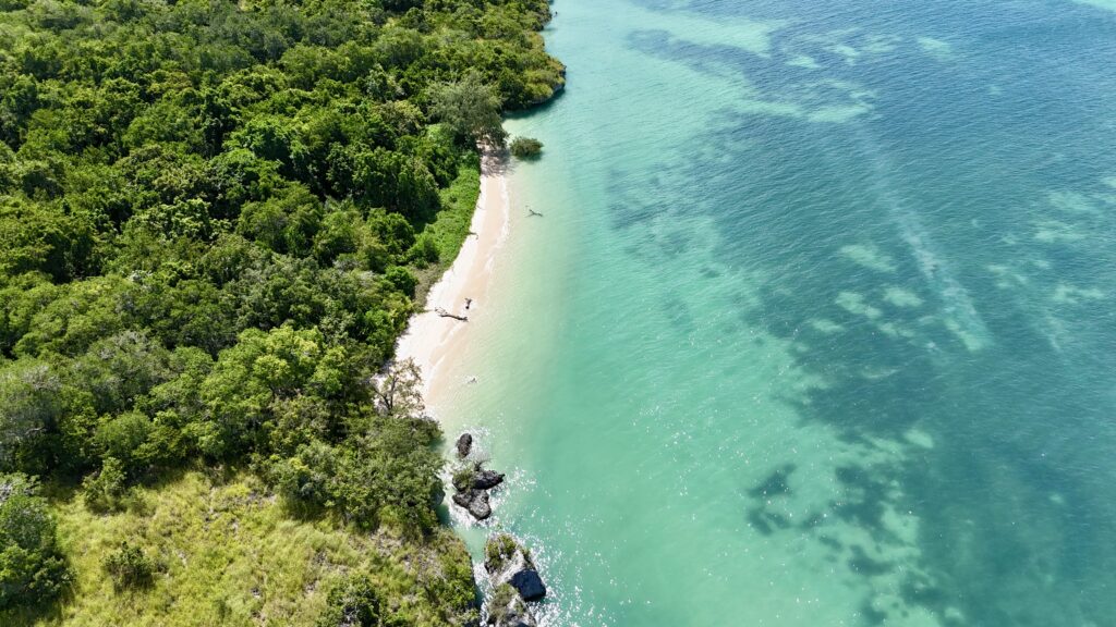 Plage isolée bordée de forêt tropicale et eaux tuquoise à Sumba.